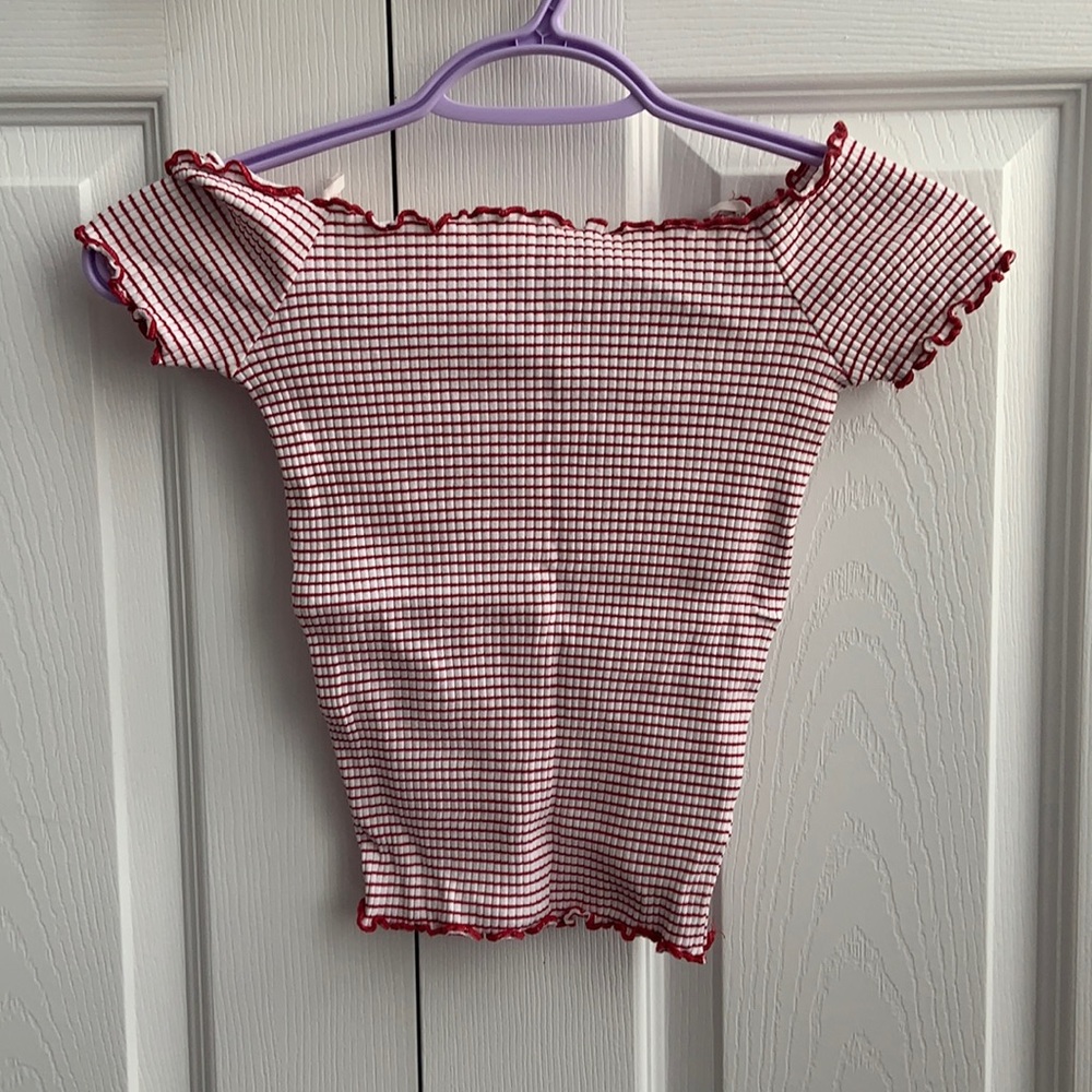 Off the shoulder red and white striped shirt